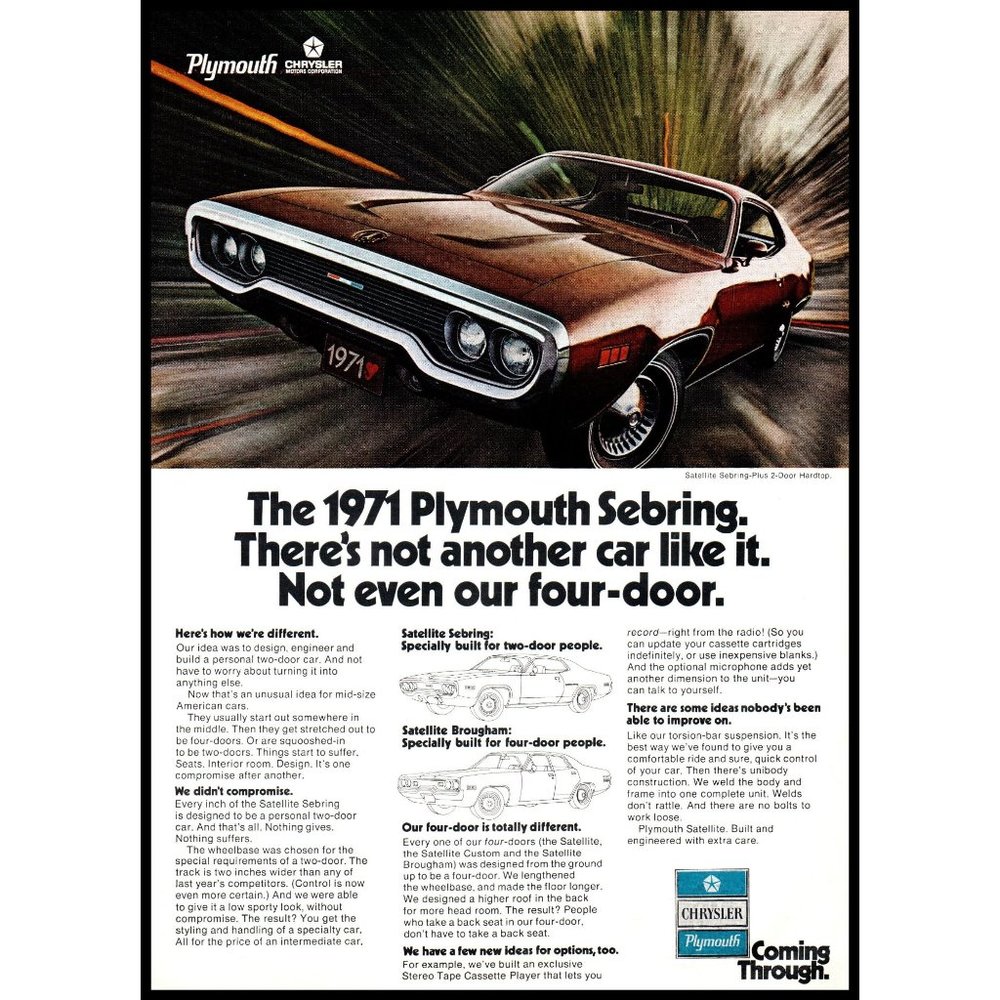 1971 Plymouth Satellite Sebring Plus Hardtop Vintage Print Ad Wall Art Photo